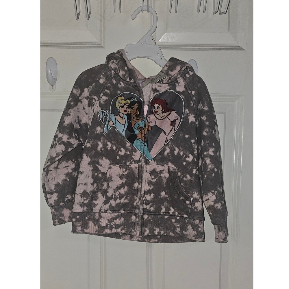 Disney Princess Girls Pink Grey Tie Dye Zip Up Hoodie Ariel Jasmine 3T